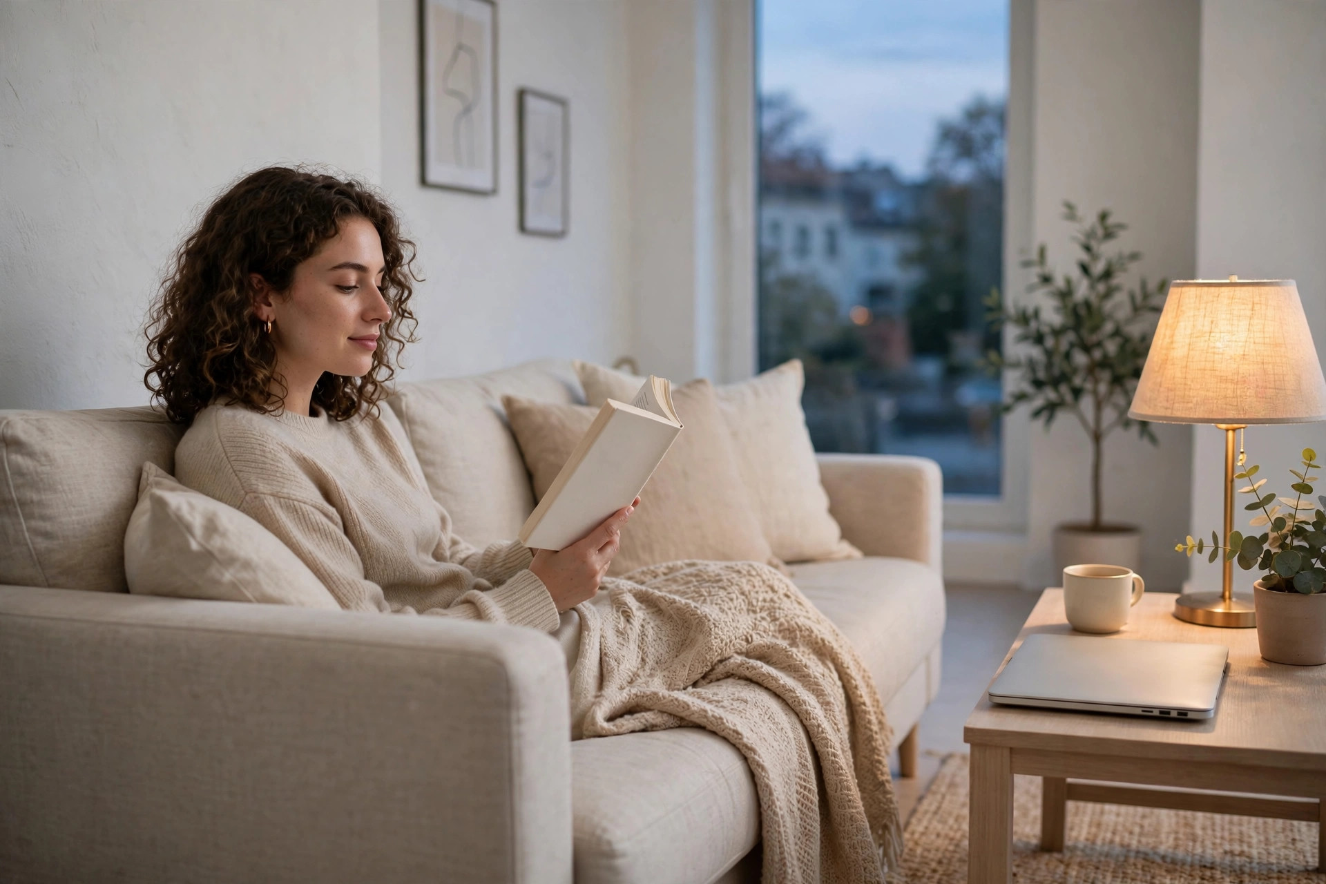 Person resting on a couch with a book on a quiet evening, taking a break from side work