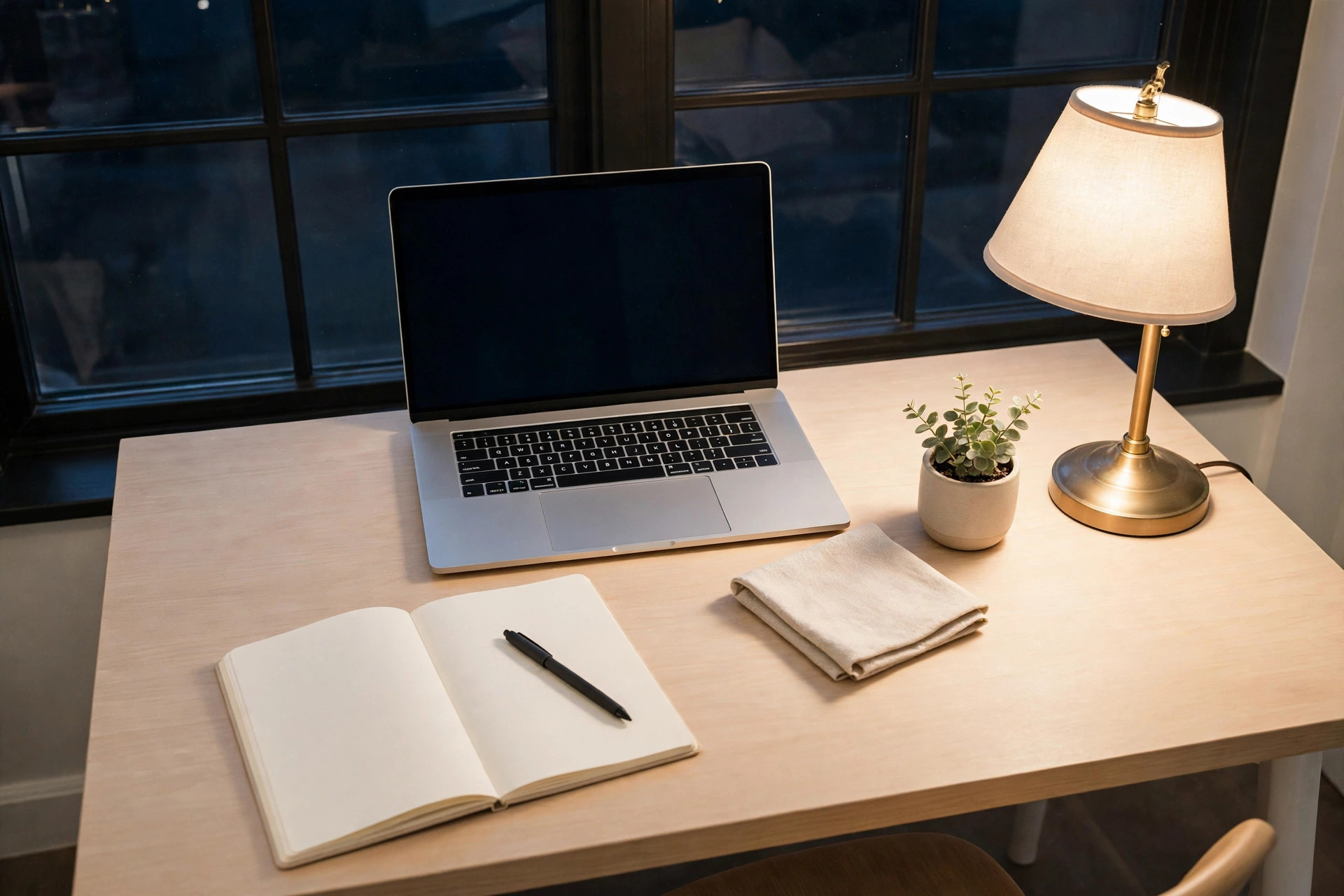 Home desk at night with a glowing laptop and notebook, freelance writing workspace