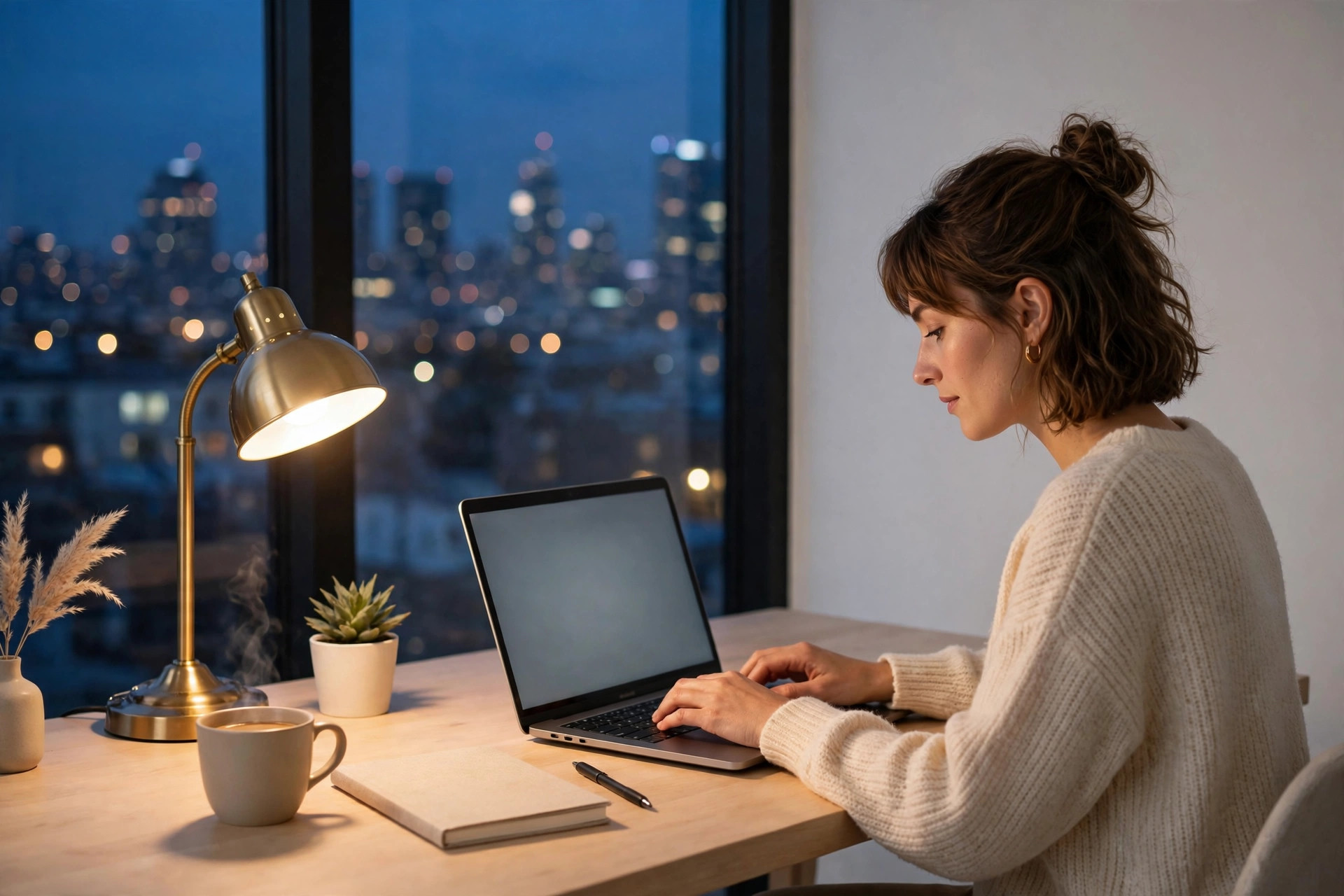 Person working on a laptop at a home desk in the evening, warm lamplight, planning a side hustle after work