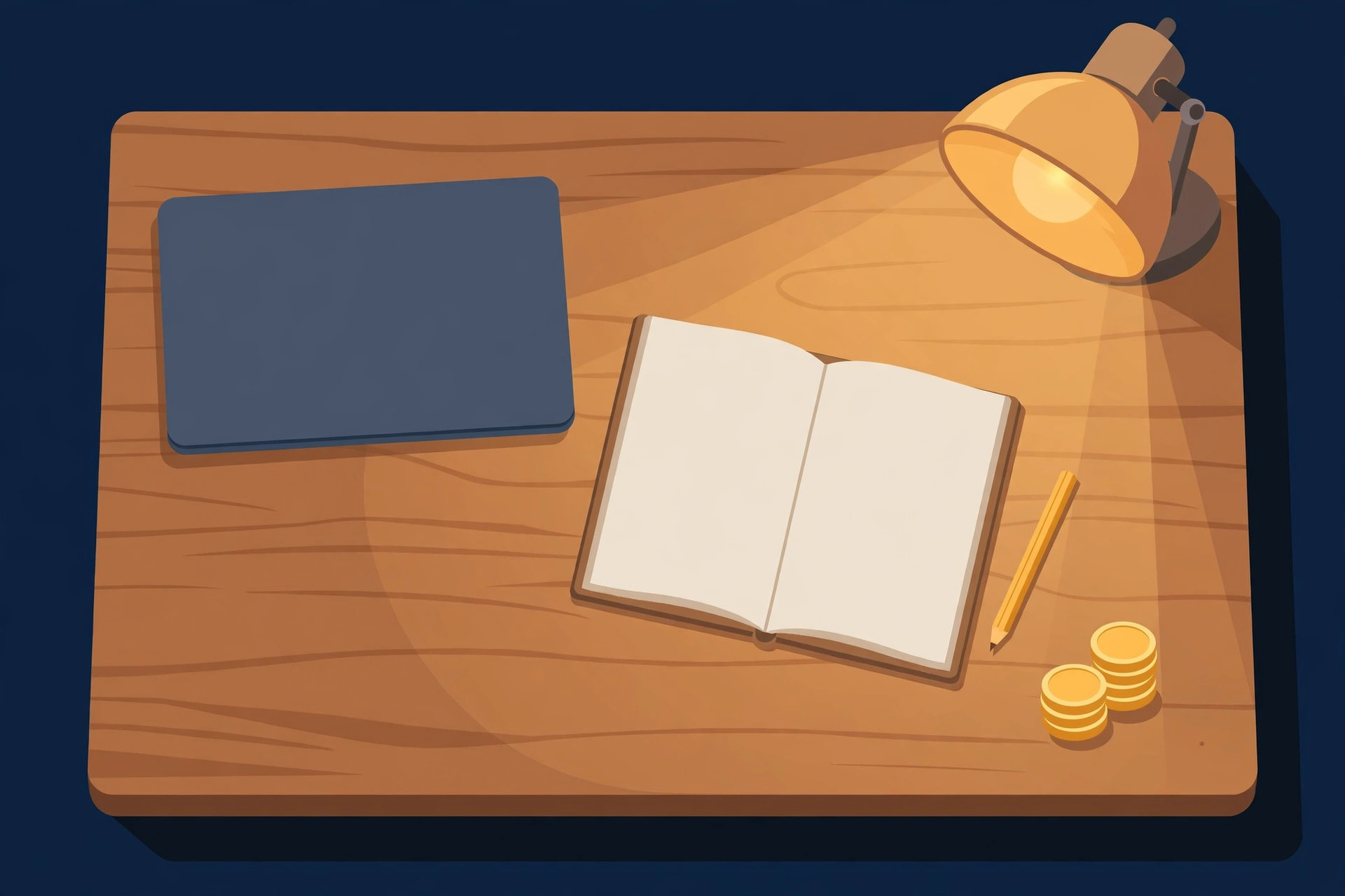 Wooden desk at night with a closed laptop, open blank notebook, pencil and stacked coins under warm lamplight