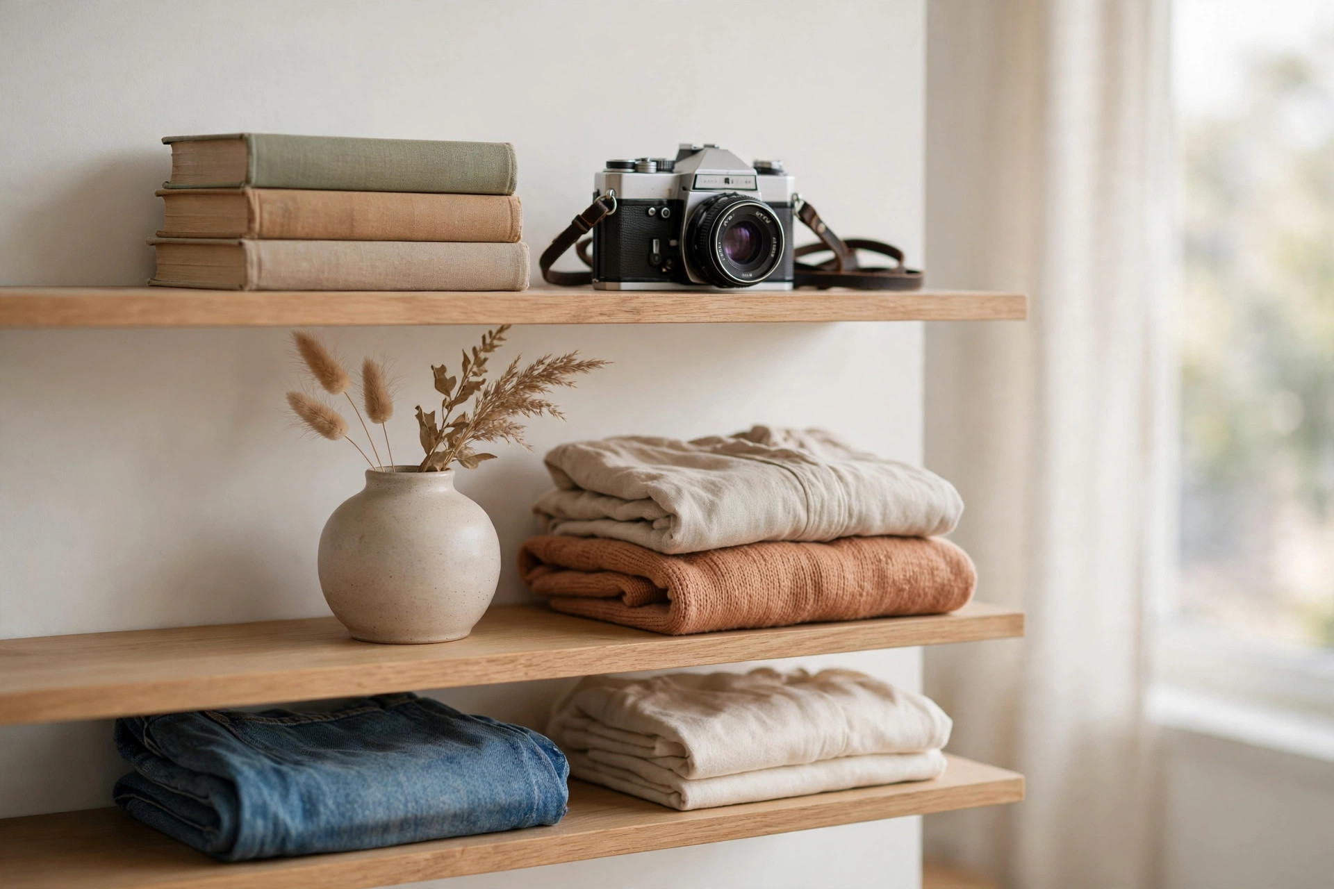 Neatly organized shelf of thrifted goods ready to photograph and list for resale