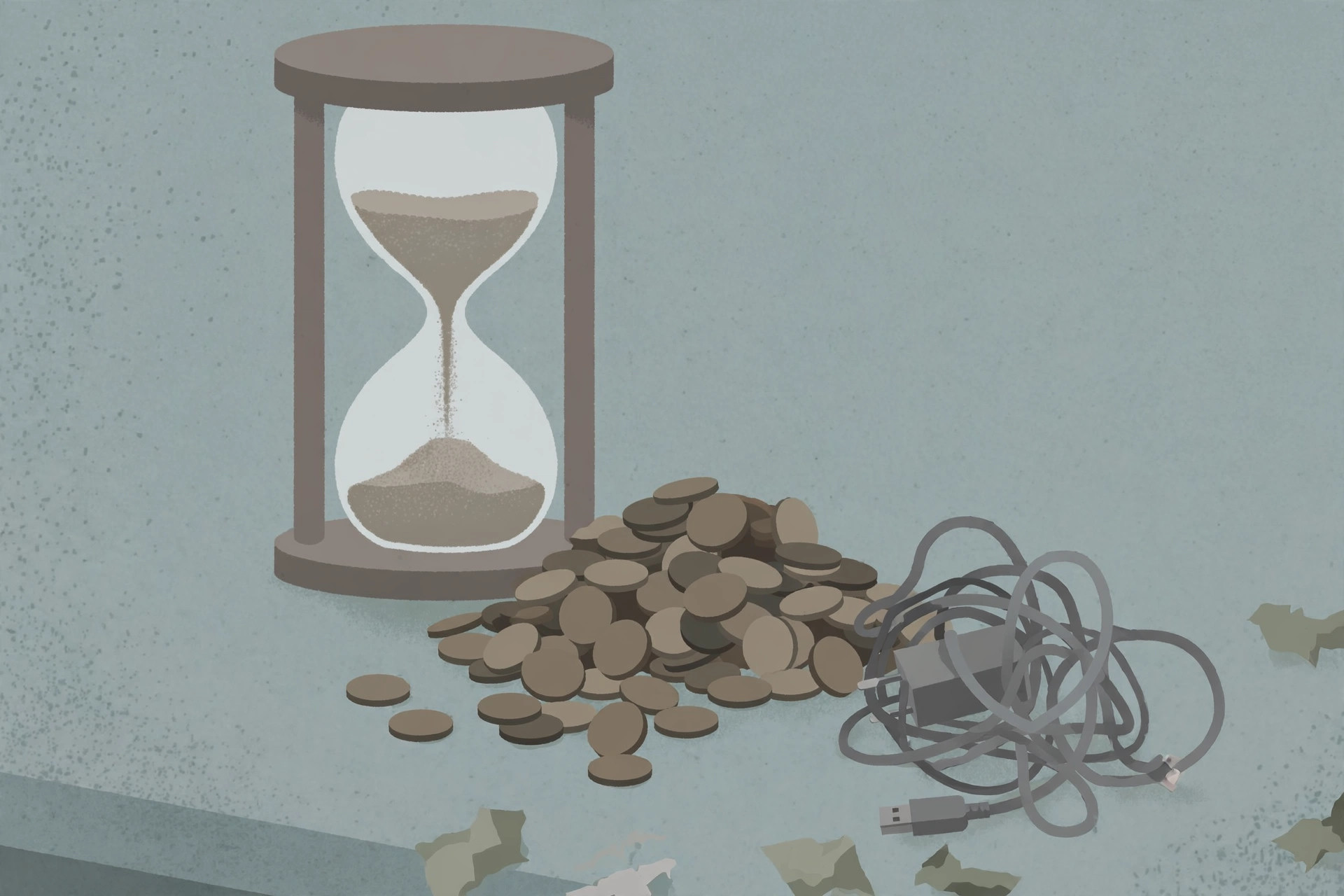 Hourglass draining beside a scattered pile of coins and a tangled phone charger on a pale desk