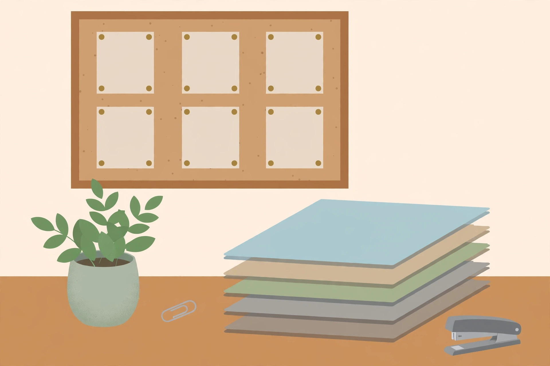 Corkboard with neatly pinned blank papers above a desk with stacked folders, a plant, stapler and paperclip