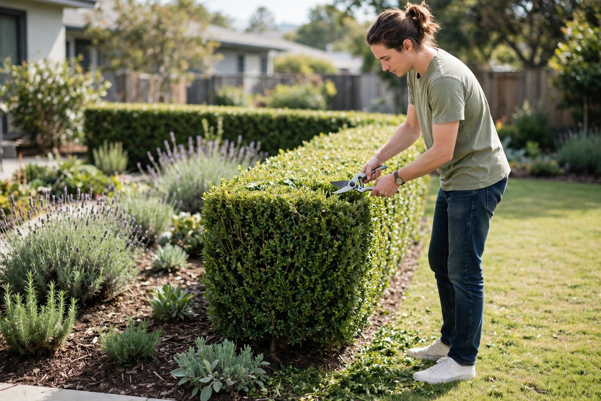 Person trimming a hedge in a suburban yard on a sunny weekend morning